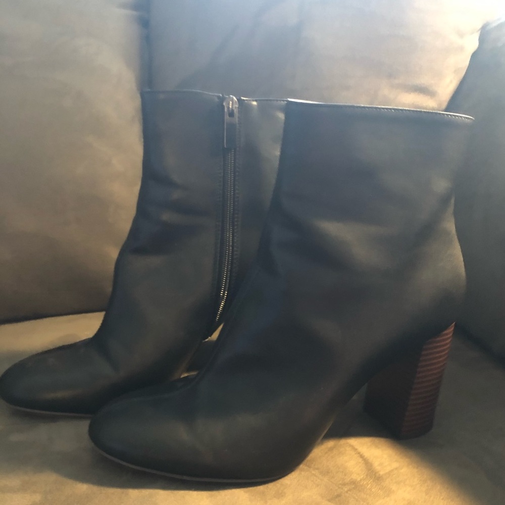 Black booties with brown heels